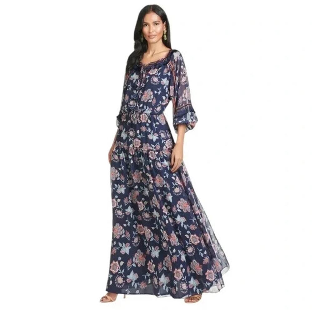 NWT Sachin & Babi Dalton Maxi Eastern Gouache Botanical Dress 0 $595 Blue Floral - Picture 2 of 8